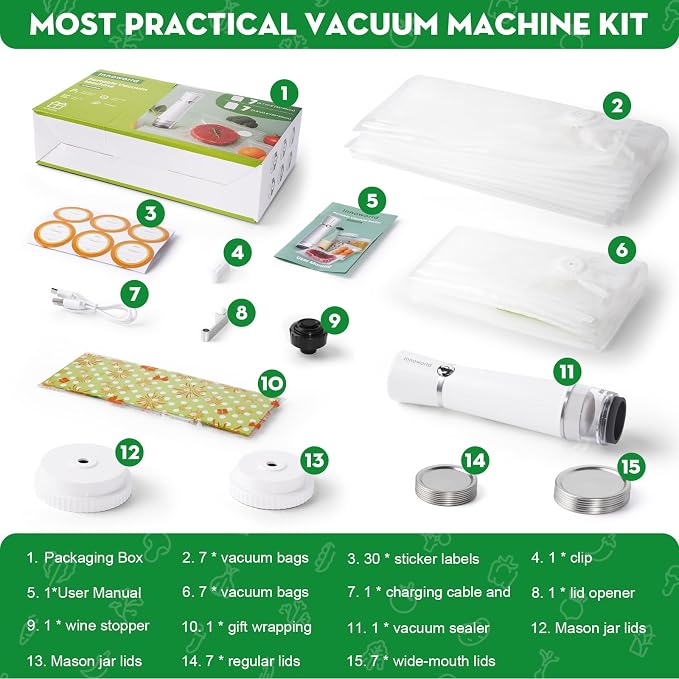 3-in-1 Compact Handheld Vacuum Sealer for Food (Bag, Mason Jar,Wine Bottle) | Innovative Design, 6X Preservation & Fresh, Portable Sealer Machine with 14 Reusable Bags, 14 Mason Jar Lids, Wine Stopper