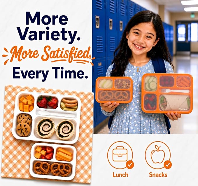 Bento Lunch-Box Set for Kids includes Snack Container | 6 and 3 Divided Compartment Boxes School Bentos or Meal Portion Control Containers BPA Free, Boys Girls Adults, Orange Large + MINI 2 pack