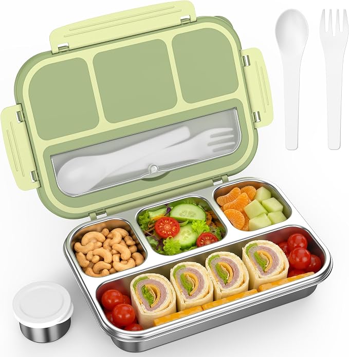 Stainless Steel Bento Box Adult Kids, Leakproof Metal Lunch Box Containers 4 Compartments, 32 Oz Reusable Food Storage Containers for Office and School, Green