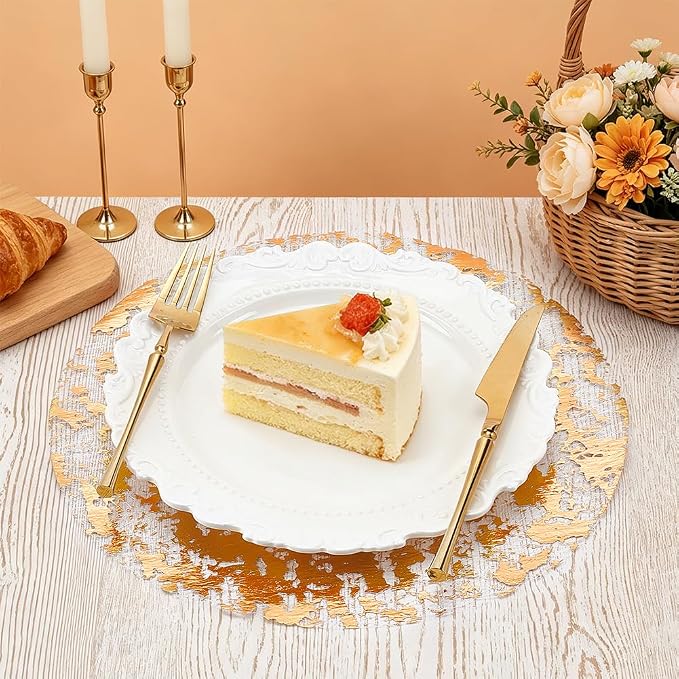 150PCS Disposable Gold Placemats Set, 13 Inch Gold Foil Table Mats Bulk, Metallic Mesh Pressed Round Doilies for Tables, Paper Placemats for Wedding Birthday Dining Party Table Home Decor