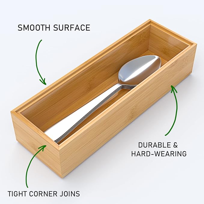 VeyFey Silverware Tray for Drawer, Stackable Kitchen Bamboo Drawer Organizer 9" x 3" x 2" Set of 2
