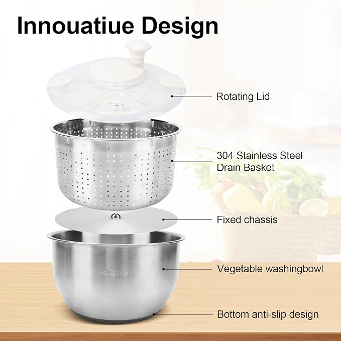 Stainless Steel Salad Spinner, Lettuce Spinner with Drain, fruit washer 6 QT with PP Cover Non-Slip Base, 3-in-1 Vegetable Wash Bowl for Dehydrating Lettuce, Fruits and Vegetables, Pasta