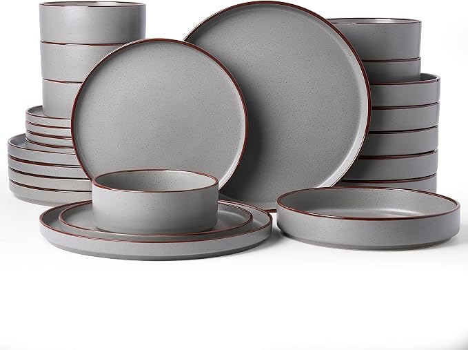 Famiware Nebula Ridge 24-Piece Dinnerware Set with Pasta Bowls, Dark Gray | Stoneware Plates and Bowls for 6, Warm Hand-Painted Rims, Microwave and Dishwasher Safe