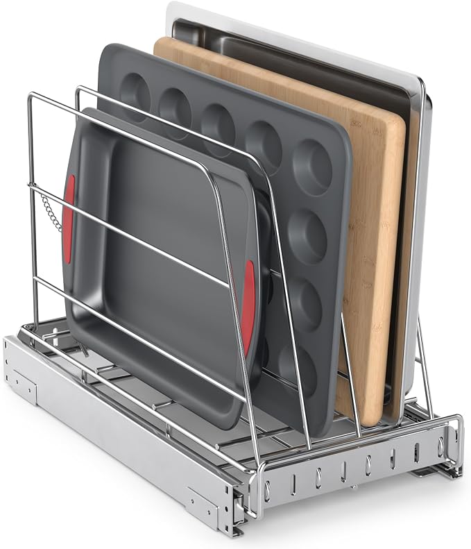 NestSprout Pull Out Cabinet Organizer for Cutting Board, Cookie Sheet, Baking Sheet, Stainless Steel Sliding Rack for Bakeware & Trays, Heavy-Duty Cutting Board Organizer 9”W x 16.5”D | Stainless Steel Sliding Rack for Bakeware & Trays, Heavy-Duty Cutt...