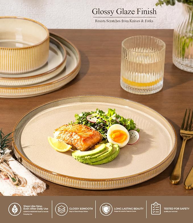 GBHOME Stoneware Dinnerware Sets for 4, 12-Piece Plates and Bowls Set | Handmade Reactive Glaze Ceramic Dish Set, Scratch Resistant, Dishwasher&Microwave Safe,Barley Latte