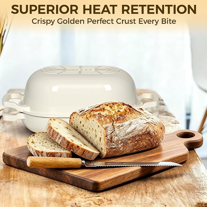 Wildone Enameled Cast Iron Dutch Oven Pot with Lid, Oval Bread Oven | Loaf Cast Iron Bread Pan for Homemade Bread Baking, Meatloaf Pan with Lid, 5.5QT, Cream White
