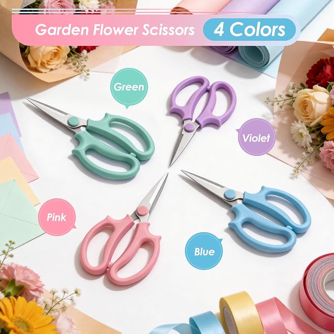 4PCS Flower Scissors, Stainless Steel Garden Shears (Slender) | Garden Floral Scissors with Comfort Grip Handle, Perfect for Arranging Flowers, Pruning, Trimming Plants, Gardening Tool
