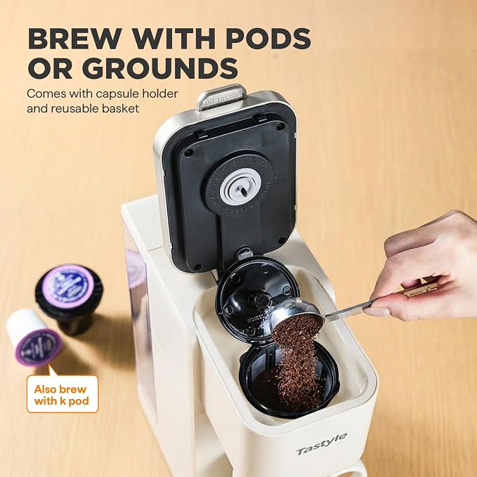 Tastyle Single Serve Coffee Maker for K Cups and Grounds with 3 Brew Styles | 40oz Removable Water Tank, 6 to 24oz Brew Size, Compact Design, Fits 7.3" Travel Mug, for Home, RVs and Office, K330IC, Beige