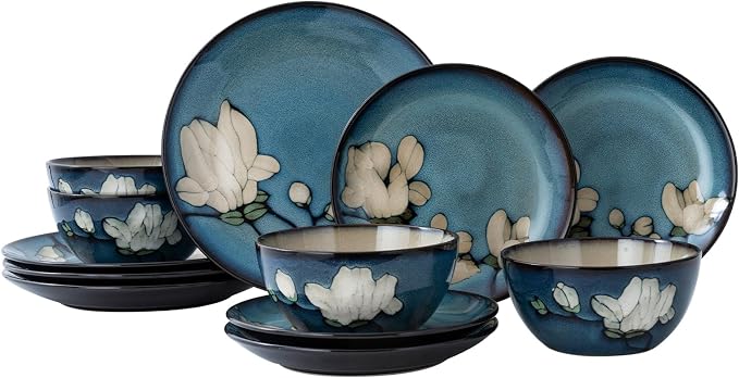 Dinnerware Set Blue Stoneware 12 Pieces Service for 4, Stoneware Plates and Bowls Set Stoneware Set, Dishwasher Microwave Safe Dishes set