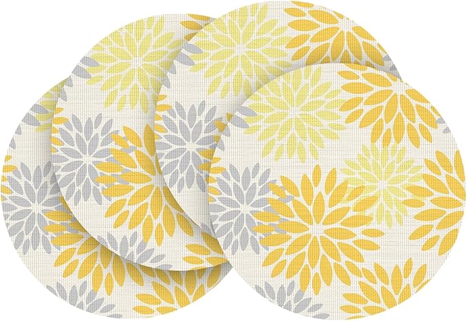 Artoid Mode Yellow Dahlia Plastic Round Placemats Set of 4, 14 Inch Seasonal Washable Woven Vinyl Table Mats for Farmhouse Party Kitchen Dining Decor