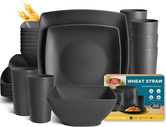 Teivio 32-piece Plastic Wheat Straw Square Dinnerware Set for 8, Unbreakable Dinner Plates, Salad Plates, Snack Bowls, Tumblers, Dishwasher Safe, Outdoor Kitchen Dinning RV Essentials Dish, Black