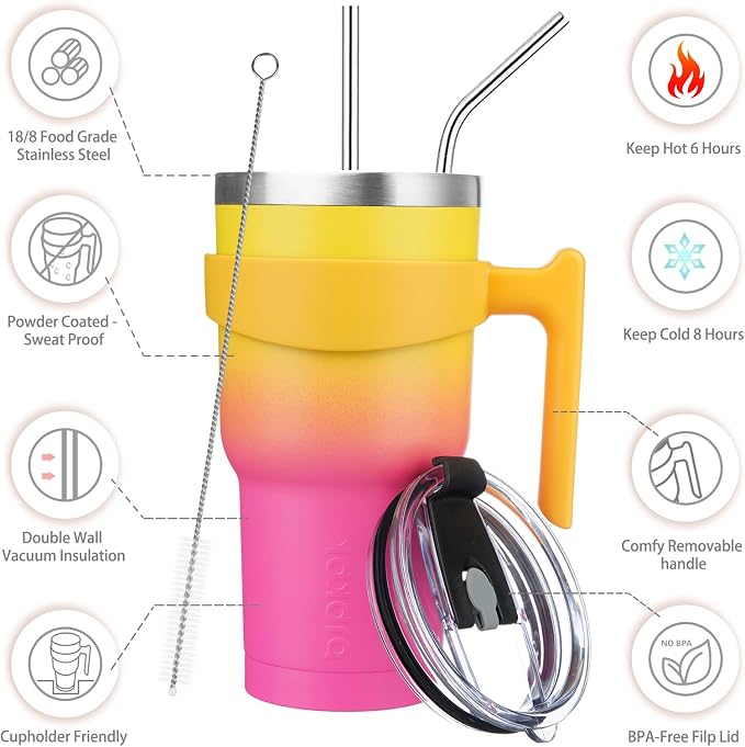 BJPKPK 30 oz Tumbler with Handle & Straw, Insulated Stainless Steel Mug | Double Wall Vacuum, Keeps Hot/Cold, Thermal Cup, BPA Free, Dishwasher Safe, Cupholder Fit, Coffee & Travel, Pink Yellow Rose