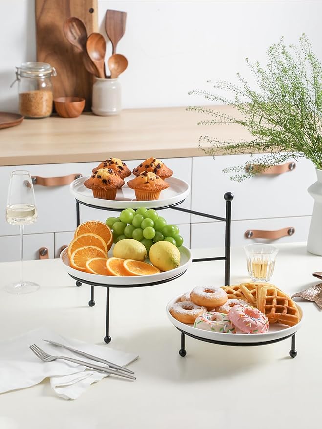 Kanwone 3 Tiered Serving Stand with White Porcelain Plates, 10.3" Round Tray, Dessert Table Display Set, Black Metal Stand, Versatile & Durable