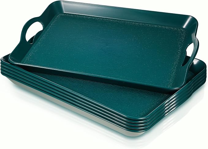 Kathfly 6 Pack 16" x 11" Serving Trays with Handles, Plastic Tray, Green | PP Material, Anti-skid Texture, Decorative Food Tray, for Restaurant, Hotel, Kitchen, Party; Not Microwave/dishwasher Safe