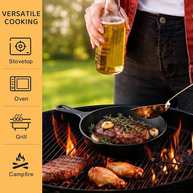 EWFEN Cast Iron Skillet 8 Inch, Pre-Seasoned Frying Pan, Heavy-Duty Professional Restaurant Chef Quality Cookware with Drip Spout, Indoor & Outdoor Use, Compatible with Oven, Stove, Grill & Campfire