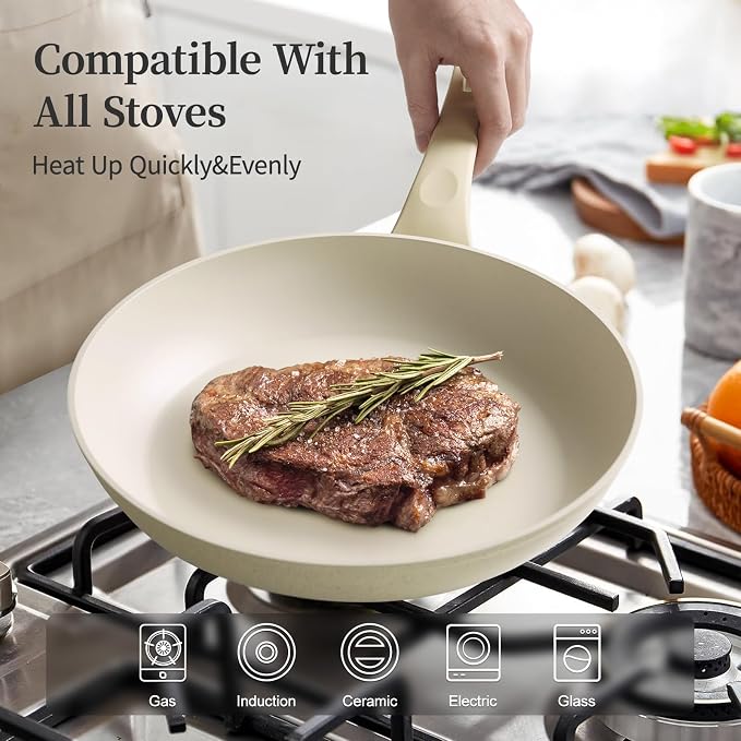 Innerwell Nonstick Ceramic Frying Pans Skillets Set with Lid 8"+9.5"+11" | No Toxic Egg Omelette Frying Pan Set, All Stove Compatible, Healthy Granite Induction Cooking Pan, PFOA & PFAS Free
