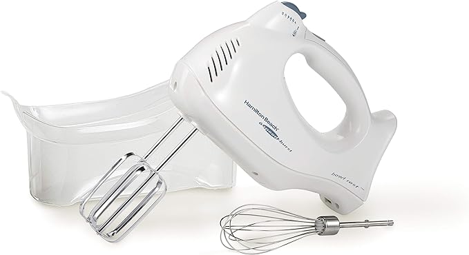 Hamilton Beach Power Deluxe 6-Speed Electric Hand Mixer With QuickBurst | Powerful 250 Watt Motor | Traditional Beaters | Whisk | Snap-On Storage Case | Bowl Rest | White | 62695V