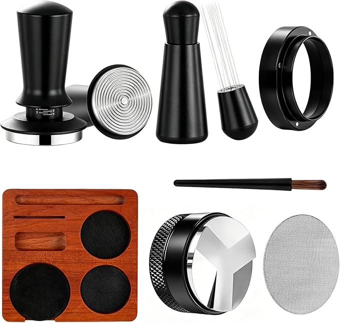 7Pcs Espresso Accessories Kit 58mm Coffee Tamper Set Tool for Barista | Espresso Machine Accessories Tools Tamper Kit with Tamping Station, WDT Tool, Coffee Distributor, Dosing Funnel, Puck Screen