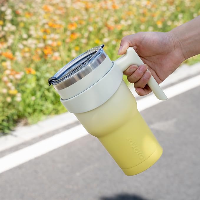 BJPKPK 20 oz Tumbler with Handle & Straw, Insulated Stainless Steel Mug | Double Wall Vacuum, Keeps Hot/Cold, Thermal Cup, BPA Free, Dishwasher Safe, Cupholder Fit, Coffee & Travel, Lemon
