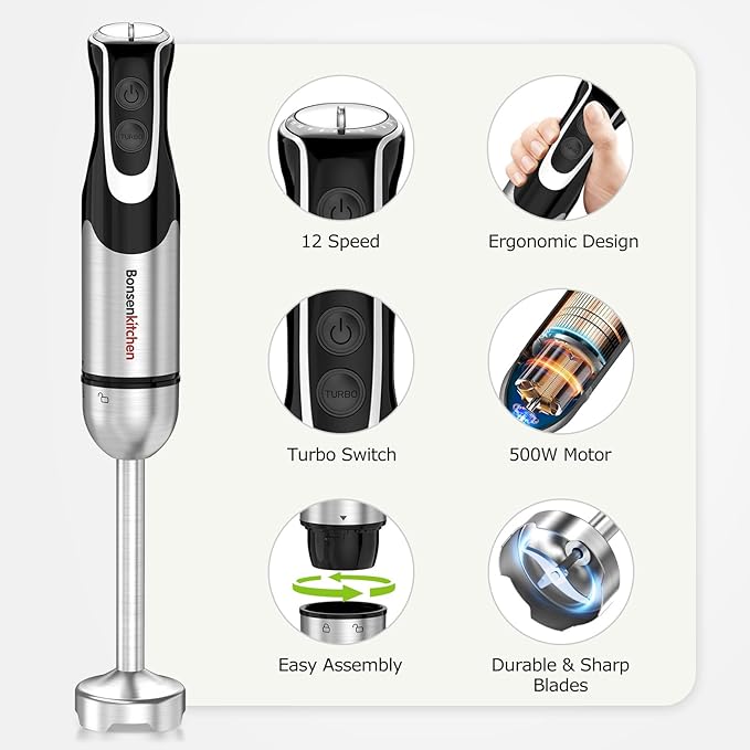 Bonsenkitchen Immersion Blender with Food Processor,12 Speeds & Turbo Mode | 4-In-1 Hand Blender with Stainless Steel Blade, Beaker & Chopper Bowl, Stick Mixer for Baby Food,Smoothies, Soups & Sauces