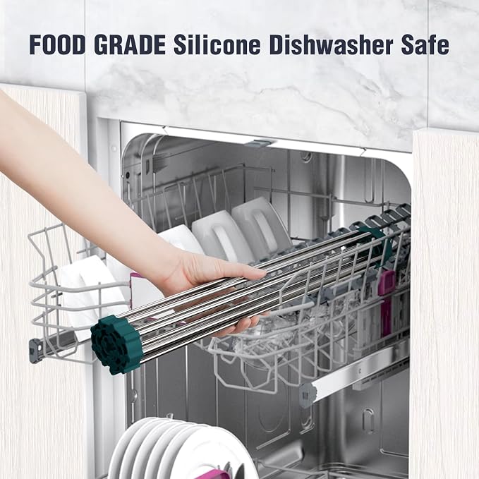 Tomorotec Roll Up Dish Drying Rack Over Sink,304 Steel,17.7x12.5,DarkGreen | Anti-Slip Silicone Rims For Grip, Heat-Resistant Trivet Mat Holding Heavy Cookware, Rustproof Kitchen Counter Space Saver
