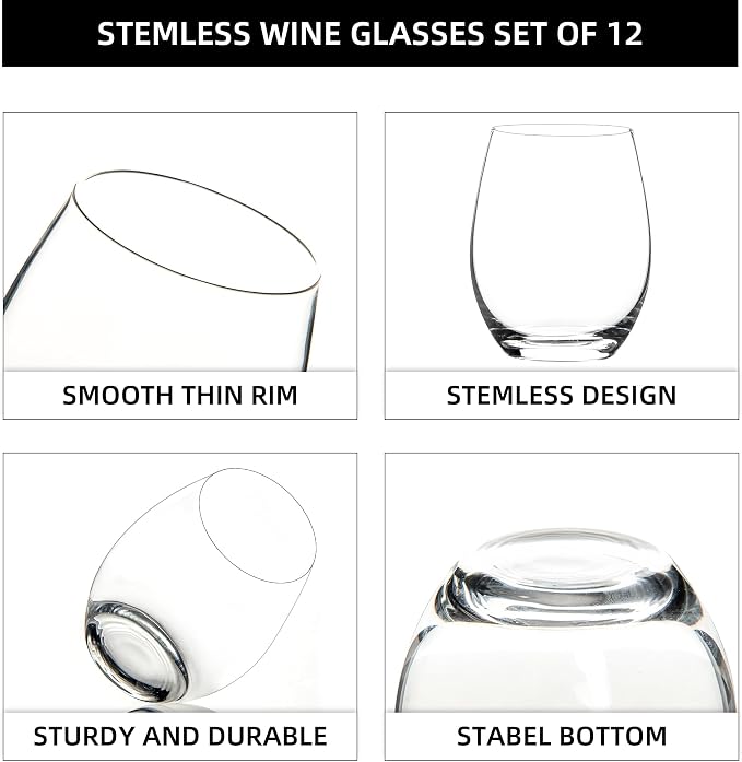 UMEIED Stemless Wine Glasses Set of 12, 15 oz Clear Red White Wine Glasses | Wine Glass for Home Party Wedding Anniversary