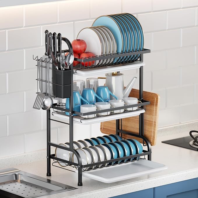 Dish Drying Rack,Dish Racks Drainer,Keep Kitchen Sink Shlef Organized | Over The Sink Dish Drainer Drying Rack 3 Tier with Drain Tray,Chopsticks Rack,Knife Holder