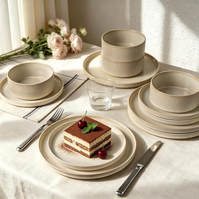 Stoneware Dinnerware Sets for 4, 12Pcs Ribbed Plates and Bowls Set, Beige | Handmade Reactive Glaze Ceramic Dishes, Microwave and Dishwasher Safe, Modern Minimalist Tableware for Everyday Use