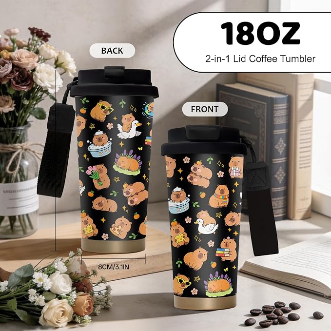 Capybara Water Bottle Stainless Steel 2-in-1 Lid Coffee Tumbler 18 oz Cute Capybara Print Insulated Travel Coffee Mug Capybaras Gifts for Women Girls Birthday Christmas