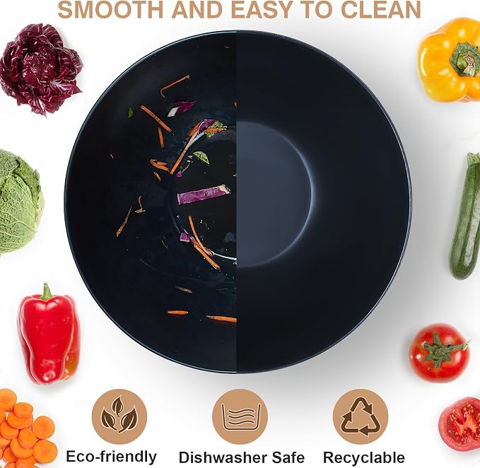 11.3" Extra Large Salad Bowl with Wooden Lid & Servers, 208Oz, Oversized Bamboo Fiber Salad Serving Set with Utensils for Home/Kitchen, Big Lightweight Bowl for Mixing Salad,Fruit,Pasta - Matte Black