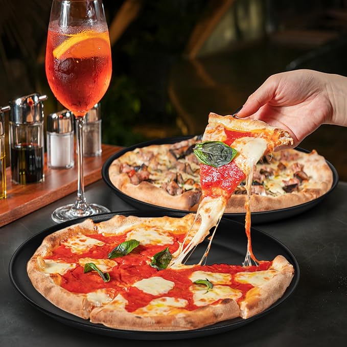 P&P CHEF Pizza Pan Set of 2, 13.5 Inch Stainless Steel Pizza Tray, Black | 2 Pieces Round Pizzas Plate for Pie Cookie Cake, Good For Baking Cooking Roasting, Non Toxic & Heavy Duty, Dishwasher Safe