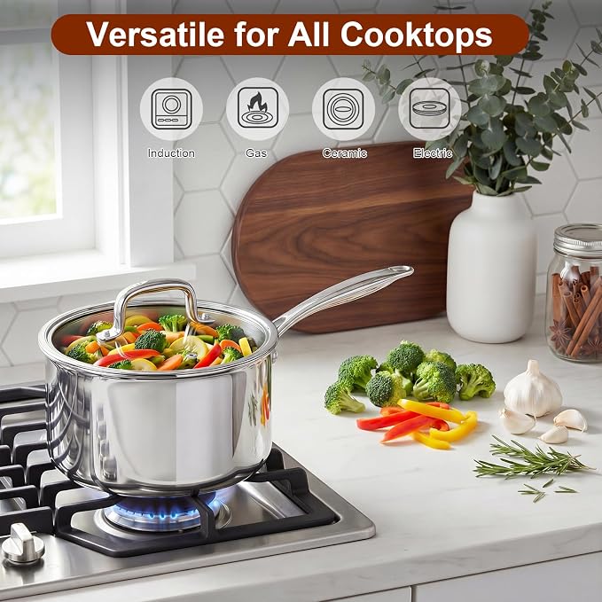 Cook N Home Classic 3 Quart Stainless Steel Saucepan with Glass Lid | Fully Tri-Ply Clad Small Sauce Pan, Stay-Cool Riveted Handle, Versatile for All Cooktops, Dishwasher & Oven Safe