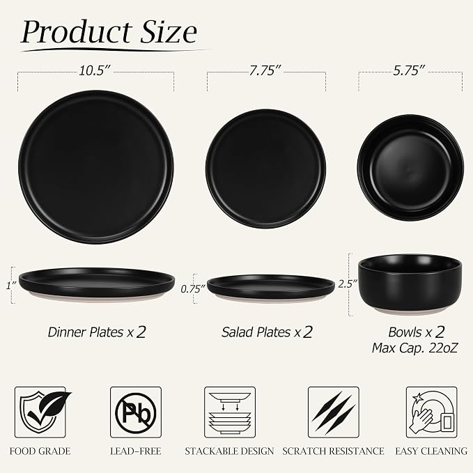 LIANYU Plates and Bowls Sets for 2, 6 Piece Stoneware Dinnerware Set, Porcelain Dishware for Kitchen and Dining, Microwave Oven Dishwasher Safe, High temperature & Scratch Resistant, Matte Black