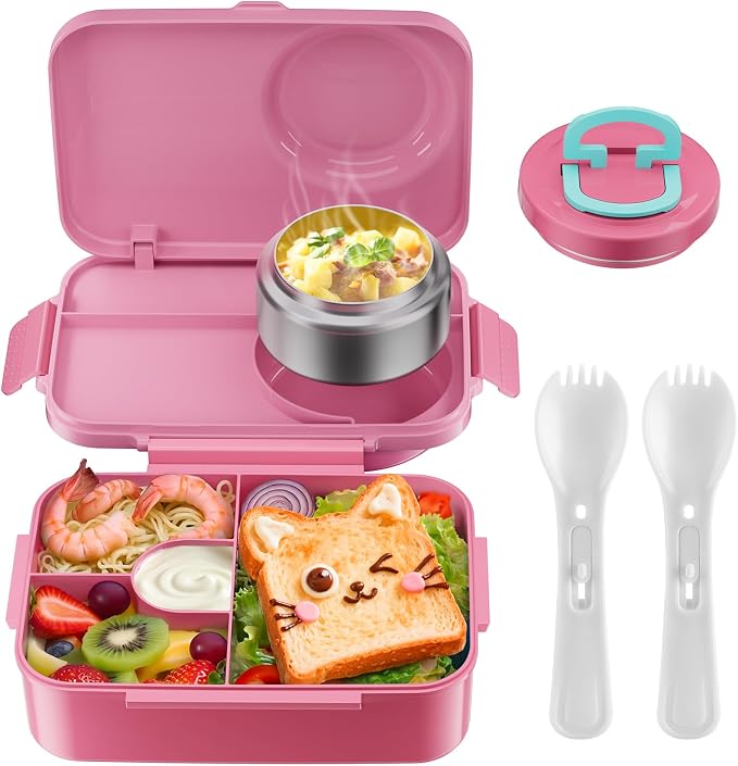 Upgraded Kids Lunch Box with Thermo for Hot Food 1400ml Child Bento Box for Kids with 5oz Small Thermo for Boys Girls with Fork Spoon Leakproof for Dining Out School Work Picnic-Pink