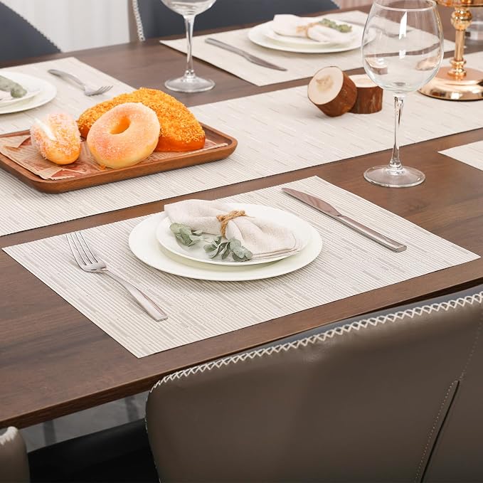 Myir JUN Placemats Set of 6 Kitchen and Dining Table Placemats | Vinyl Placemats Place Mats Indoor/Outdoor Set of 6 Washable Table Mats Non-Slip Place mats for Dining Table, Off White