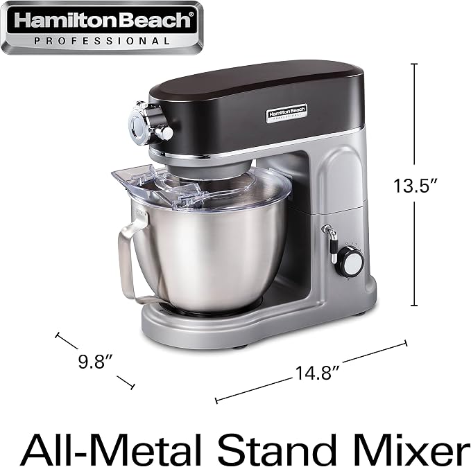 Hamilton Beach Professional All-Metal 5 Qt Stand Mixer With 12 Speeds | Stainless Steel Bowl | 450 Watts| Attachment Hub | Flat Beater, Dough Hook, Whisk | Tilt-Back Head | Stainless Steel | 63240