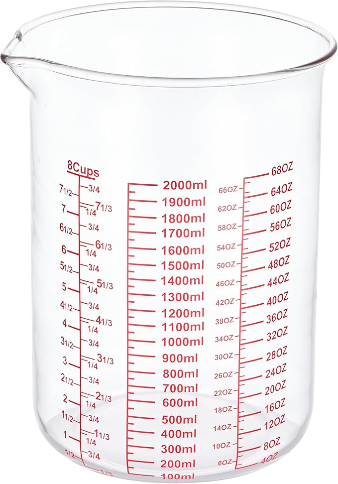 High Borosilicate Glass Measuring Cup-V-Shaped Spout，Glass Measuring Beaker for Kitchen or Restaurant, Easy to Read, 2000 ML (64 Oz, 8Cup)