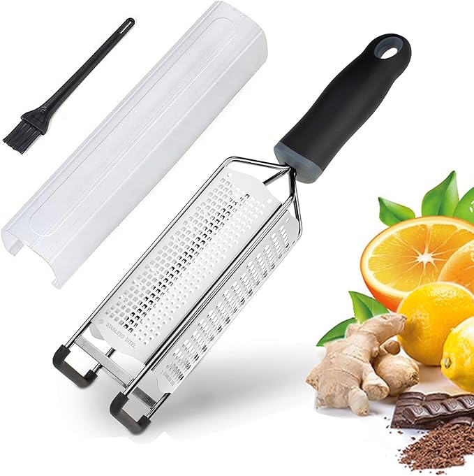 3-in-1 Lemon Zester & Cheese Grater, 304 Stainless Steel, 12-Inch, Black | Three Blade Surfaces for Fine Zesting, Coarse Grating and Slicing, 304 Stainless Steel, Non-slip TPE Handle, Dishwasher Safe