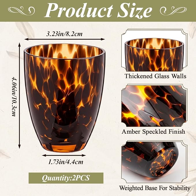 SiliFine Set of 2 Tortoise Shell Leopard Print Stemless Wine Glasses, 12oz Tapered Hand Blown Glass Tumblers, Brown Glassware, Ideal for Wine, Whiskey, Gin, Tequila, Party Gifts