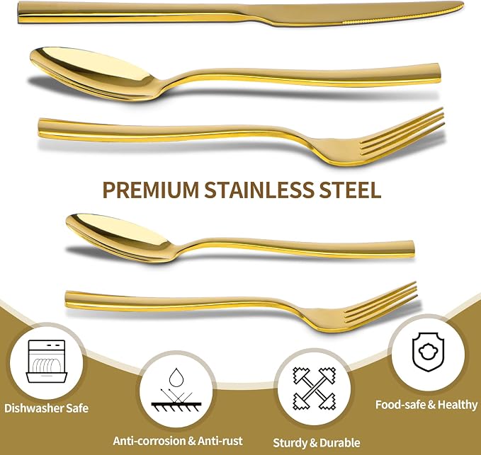 Gold Silverware Set for 8, 40 Pieces Flatware Set Stainless Steel | Luxury Steak Knife Fork and Spoon Set, Square Handles, Mirror Polished, for Home Kitchen Restaurant Weddings