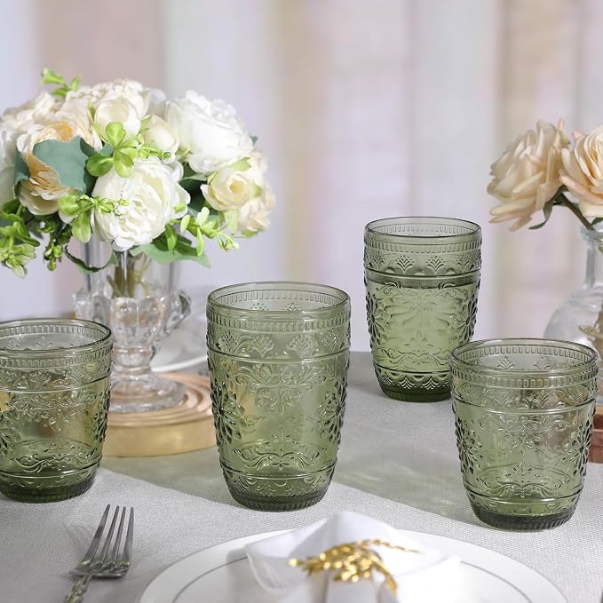abrwyy Green Drinking Glasses, Vintage Glassware, 14oz Green Glass Cups | Lead-Free Glass, Thick&Durable Glass, Home Decoration, Drinking Glasses Set of 6