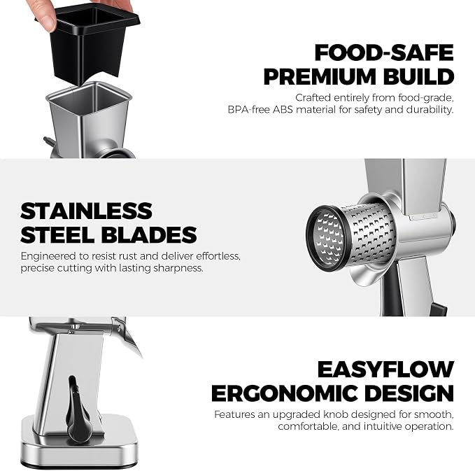 Rotary Cheese Grater Stainless Steel Manual Cheese Shredder Grater Walnuts Grinder with 3 Interchangeable Drum Blades for Chocolate, Cheese and Nuts