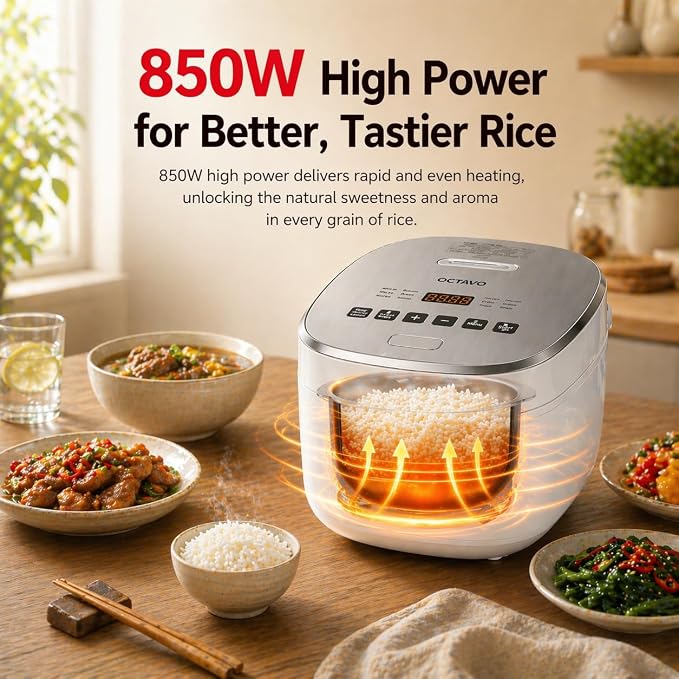 OCTAVO Low Carb Rice Cooker, 5-Cup Uncooked Stainless Steel Inner Pot, Low Sugar Rice Maker with 24H Timer and Auto Keep Warm, Small Rice Maker LED Display, White Rice/Brown Rice/Grains/Oatmeal