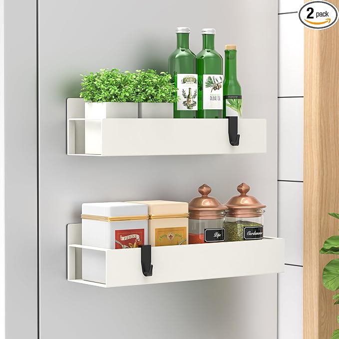 Metal Magnetic Spice Rack for Refrigerator Cream White, 2 Pack | Magnetic Shelves Heavy Duty for Fridge in Kitchen, Seasoning Storage Organizer, For Oven Washer and Dryer, For Heavier Items