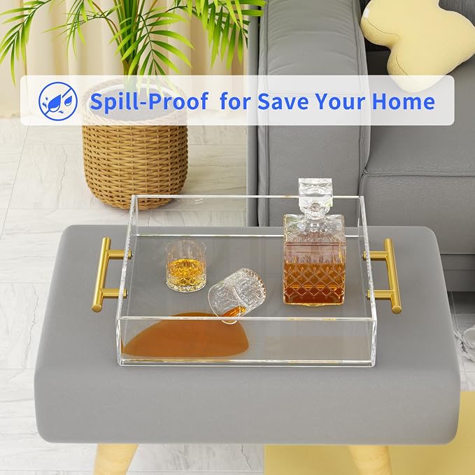 NIUBEE Acrylic Tray 12x12 Inches - Clear Serving Tray Organizer with Handle | Spill-Proof tray for Coffee Table, Ottoman | Decorative Tray for Breakfast in Bed, Drink Serving & Home Organization