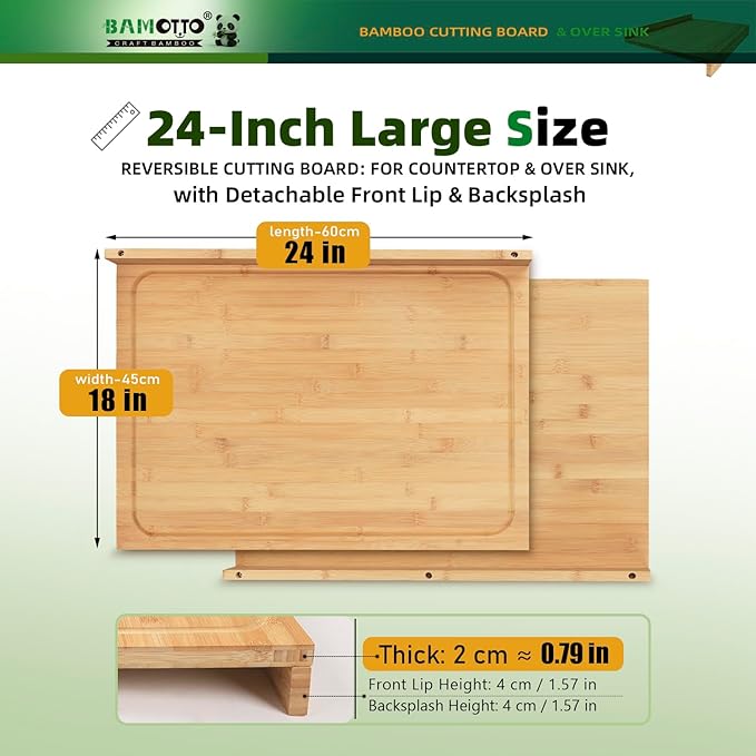 BAMOTTO CRAFTBAMBOO Extra Large Bamboo Cutting Board Noodle Board 24"x18" | Detachable Front Lip & Backsplash | Double-Sided Juice Grooves | Sink Cover | Stove Cover | Carving Board | Natural Bamboo