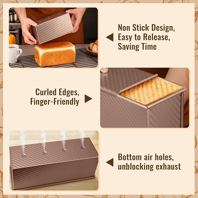 3 Pack Pullman Loaf Pans, Bread Pans with Lids, Golden | Non-stick Carbon Steel Bread Pans for Homemade Sandwich and Baking Sourdough Bread, Corrugated Toast Mold
