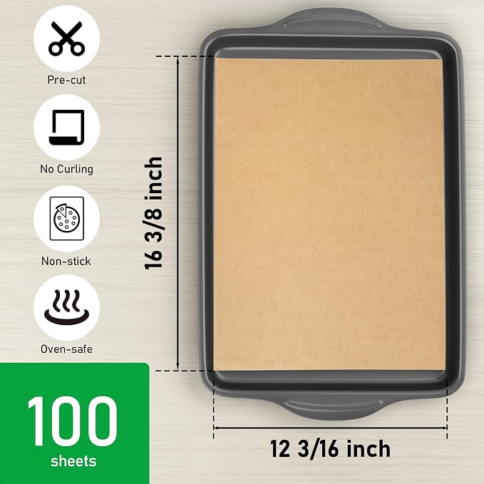 EcoDispose 100 Pcs Non-Stick Parchment Paper Baking Sheets 12-3/16"x16-3/8" | Unbleached, Heavy Duty, Pre-Cut, Greaseproof Half Pan liner for Bake