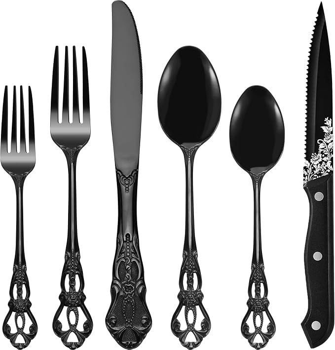 Runfly Gorgeous Retro Royal Black Stainless Steel 48-Piece Flatware Set | Silverware Set for 8, Anti-rust Cutlery Set Utensils Kitchen Including Fork Spoon and Knife