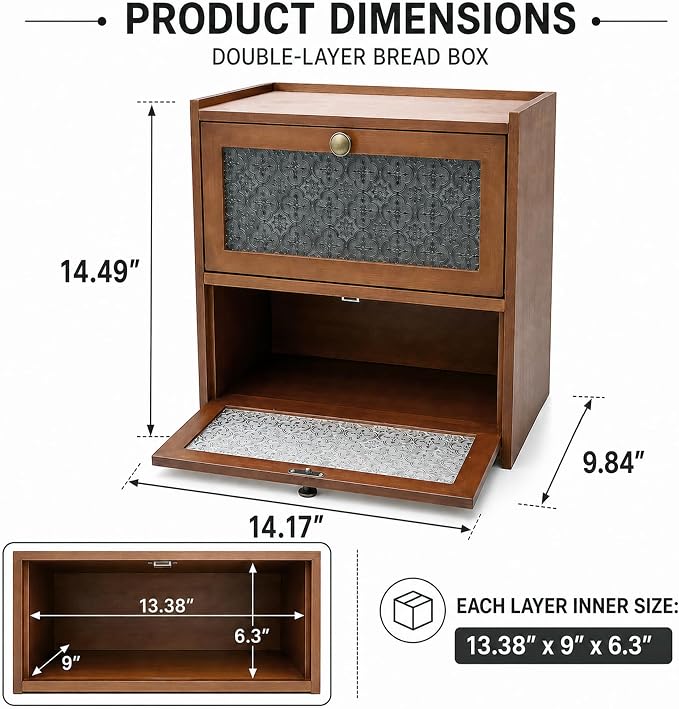 ETMI Vintage Bread Box for Kitchen Countertop - 2 Layer BreadBox Large Carbonized Bamboo Bread Storage Container Kitchen Organizer
